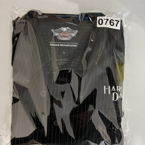 Harley-Davidson Mens L Black Striped Short Sleeve Button-Up Mechanic Shirt Biker - Picture 16 of 16